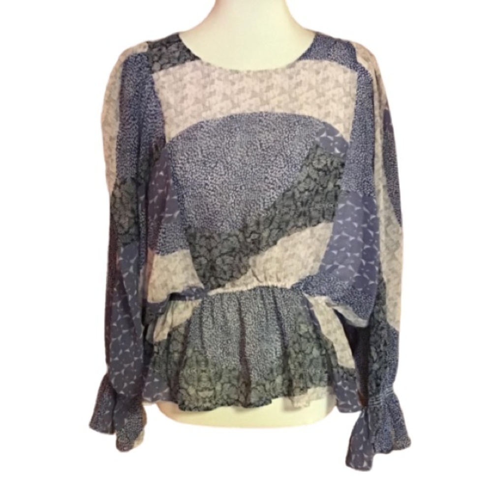 BB Dakota Patchwork Peplum Blouse Medium Boho Cottagecore Sheer Sleeve Ruffle - Picture 2 of 15